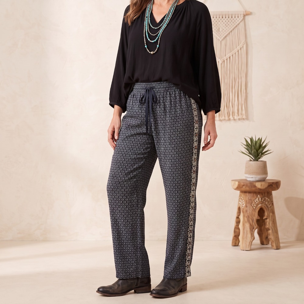 LOFT Navy Geo Tile Wide Leg Pants Drawstring Resort Coastal Grandma Boho L